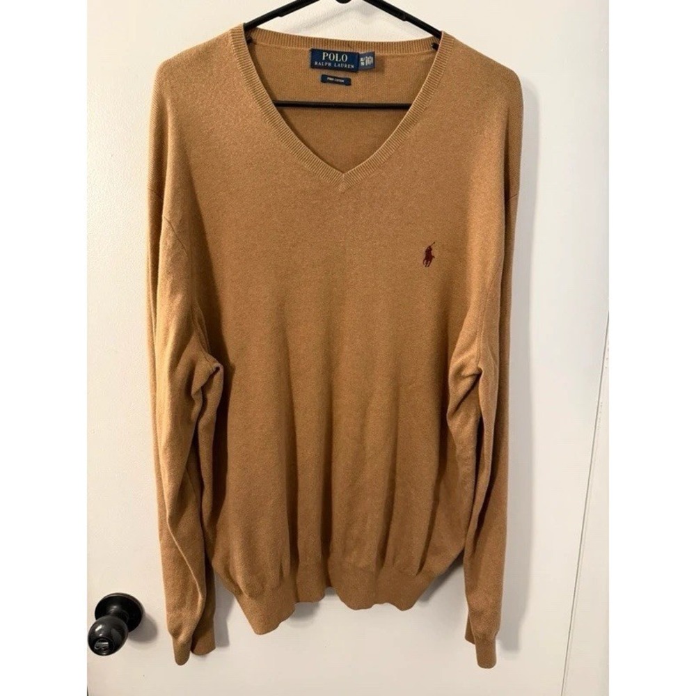 Polo Ralph Lauren Men's XL Brown Pima Cotton V-Neck Knit Pullover Sweater